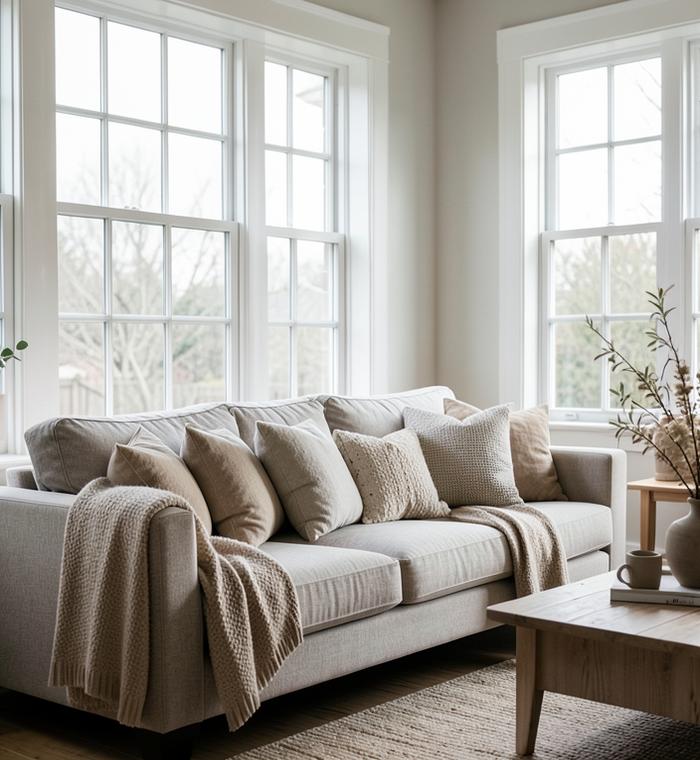 Living room sofa in front of large white-framed windows