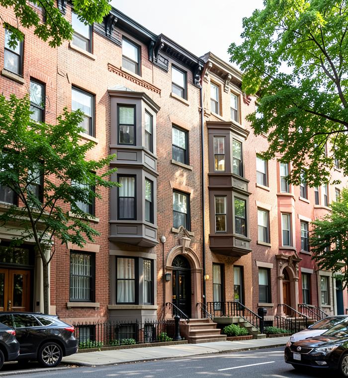 Row of brick townhouses with bay windows on a tree-lined street