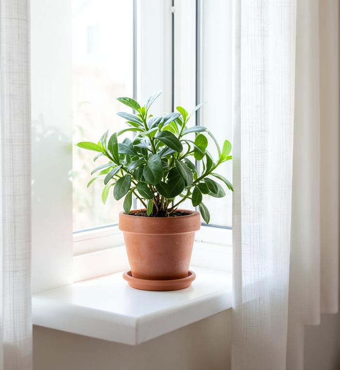 Plant on a bright window sill beside a white window frame