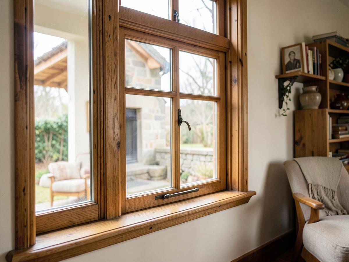 Custom-made wooden window with divided panes, visible joinery and a deep timber sill