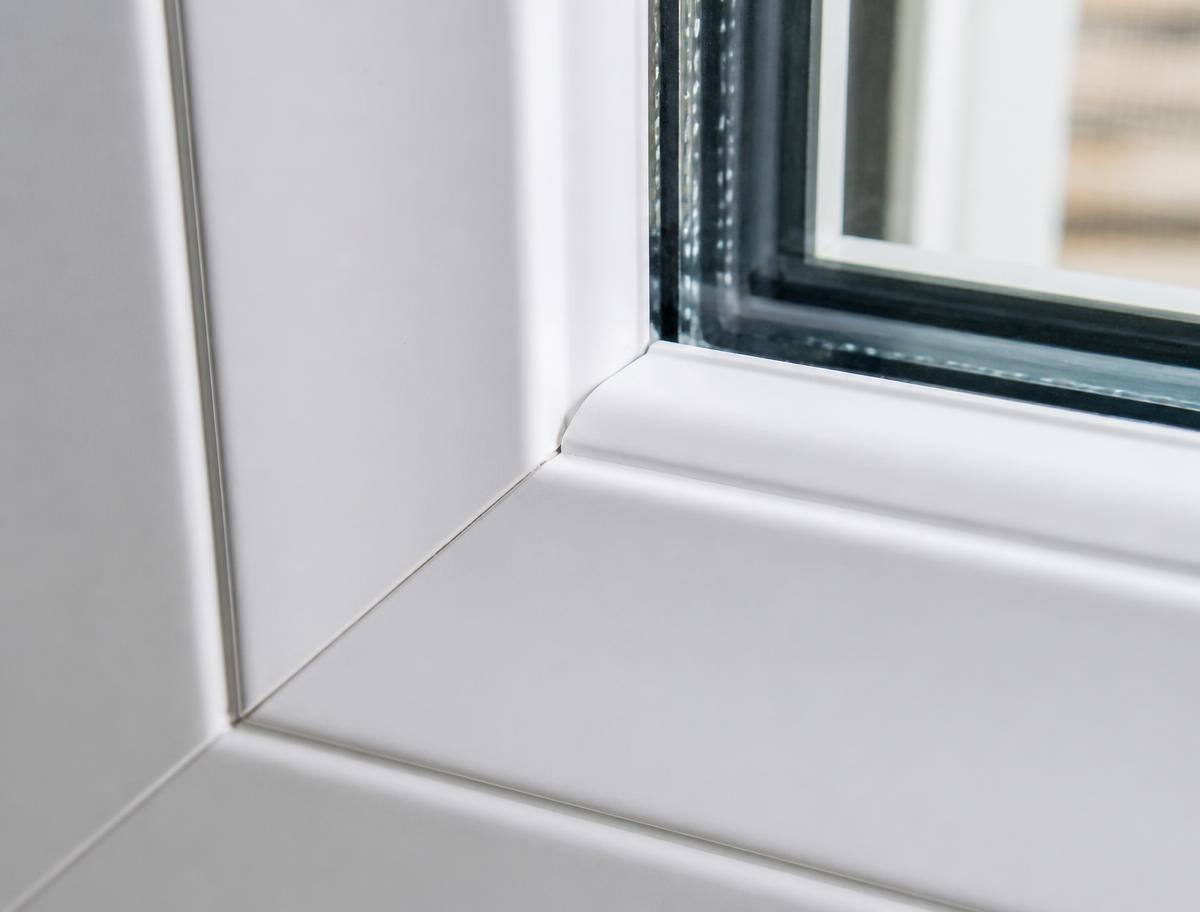 Close-up of the welded corner joint on a new window frame