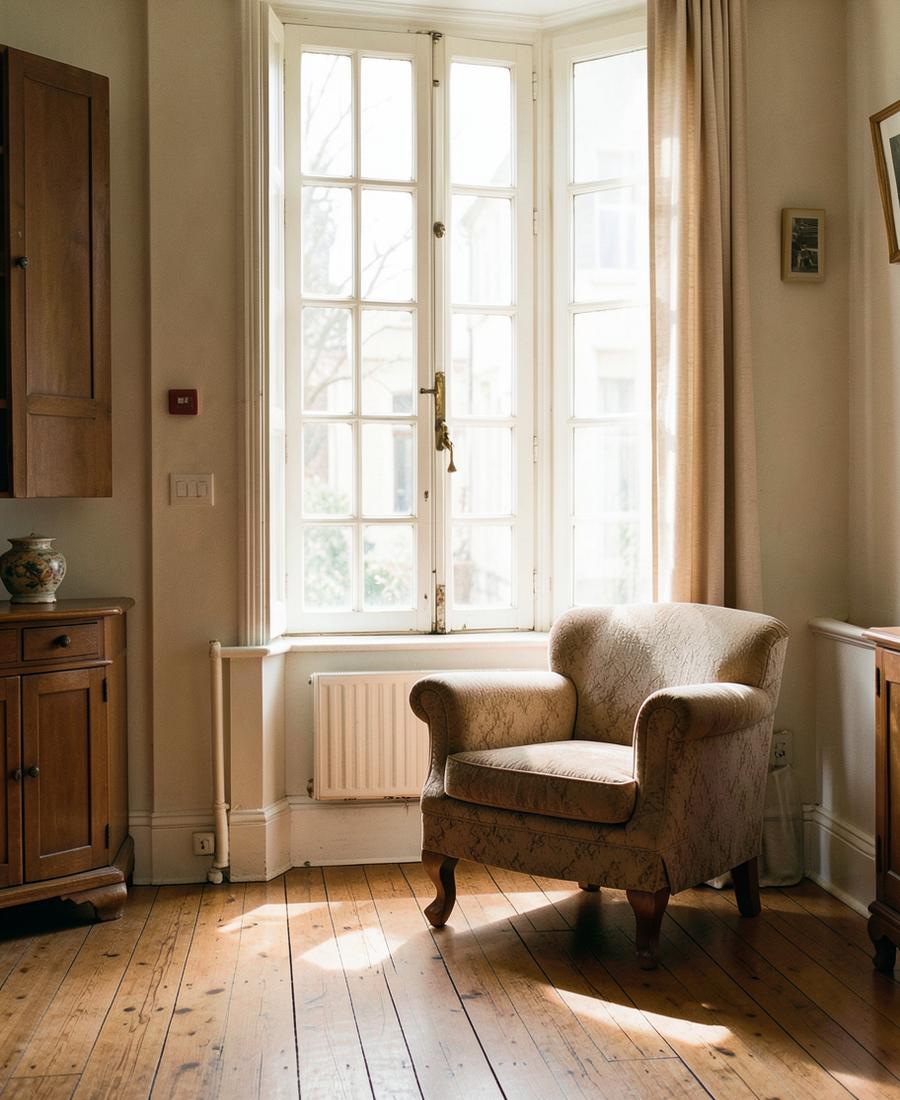 Sunlit room in an older home with a tall white-framed window with divided panes