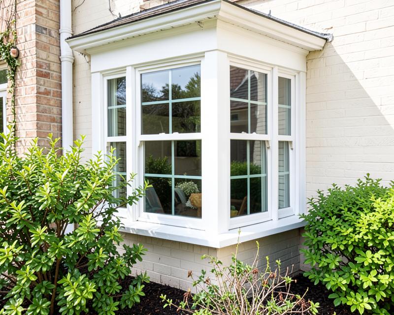 Exterior bay window with white frames on a residential home
