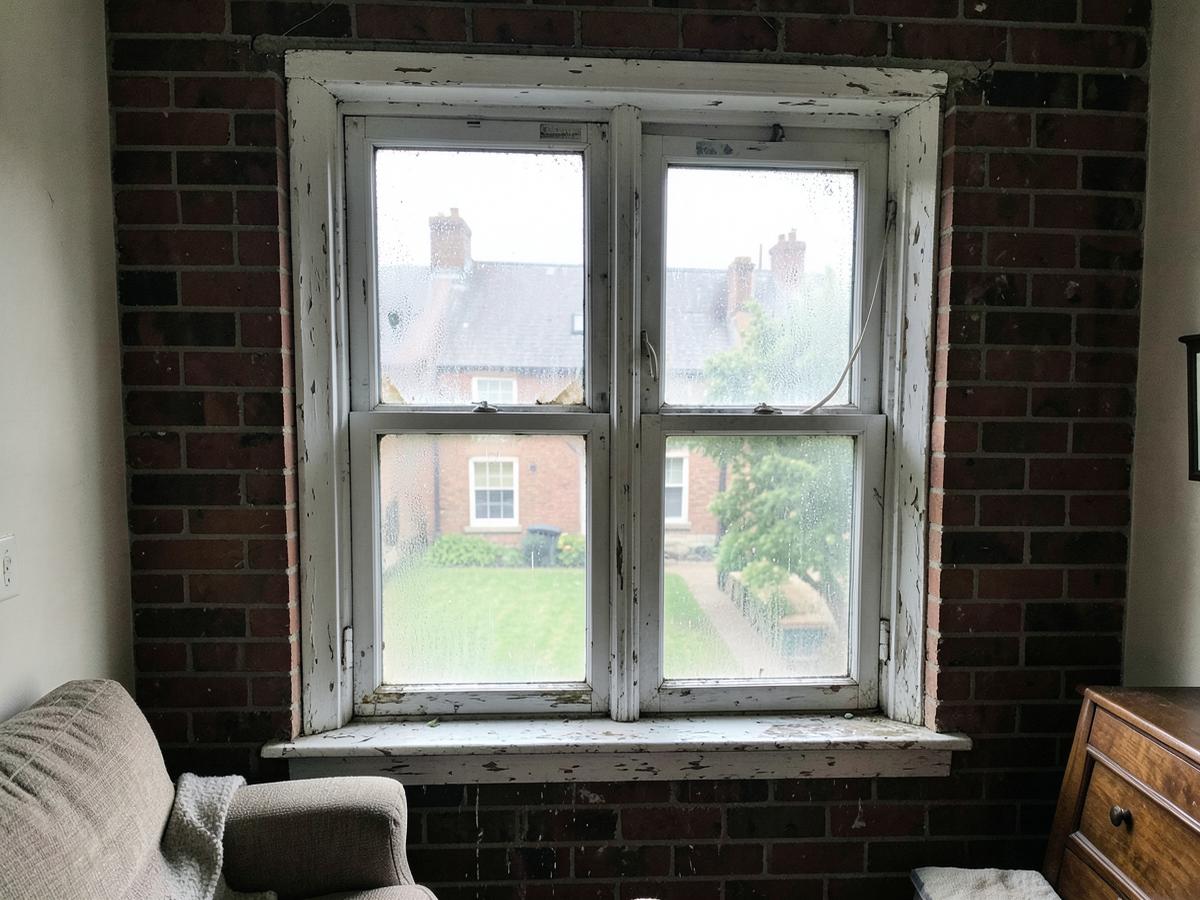 Old painted wood double-hung window with peeling frame