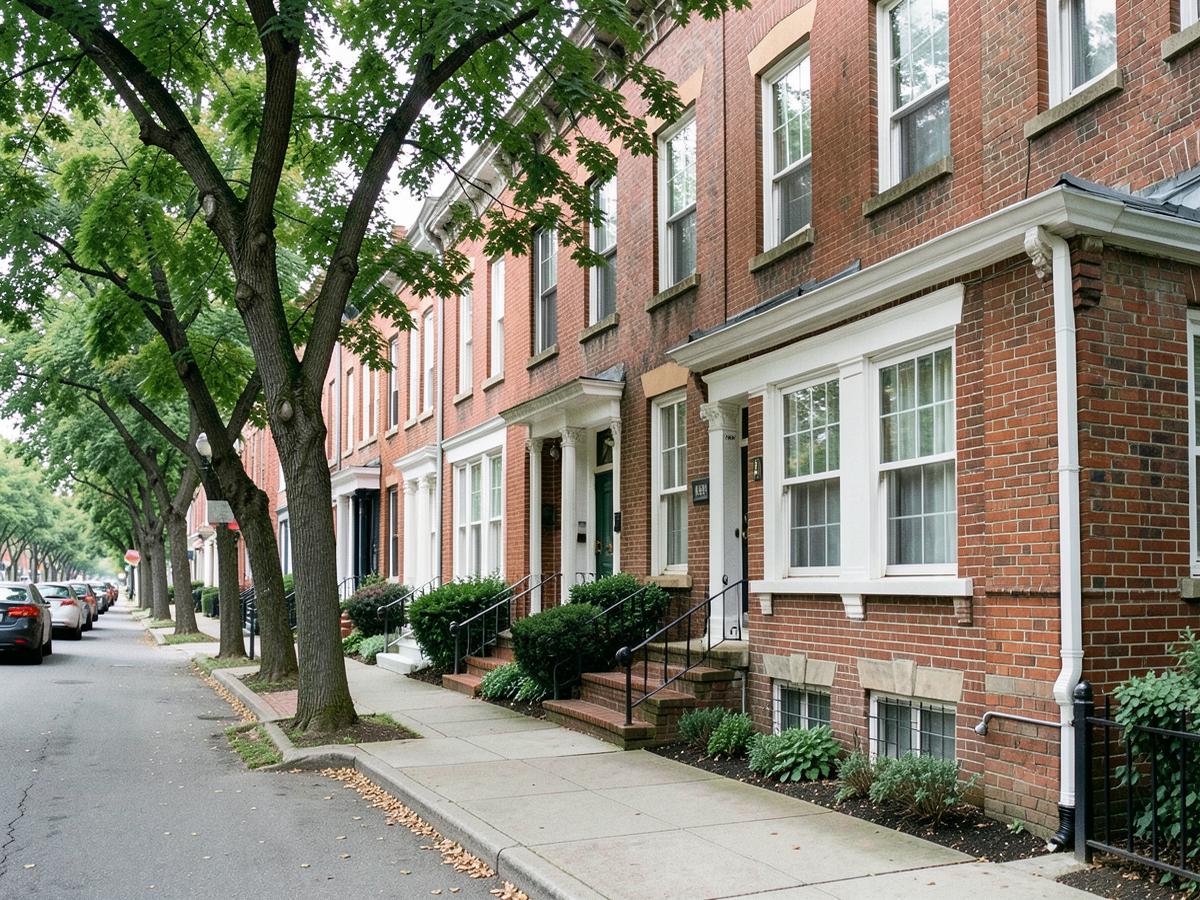 Queens residential block of attached brick houses with white window frames