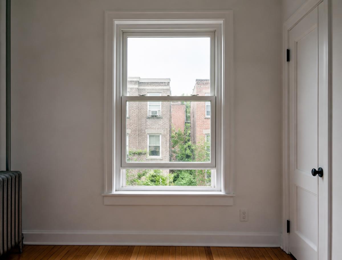 A replacement double-hung window in a Queens row house room