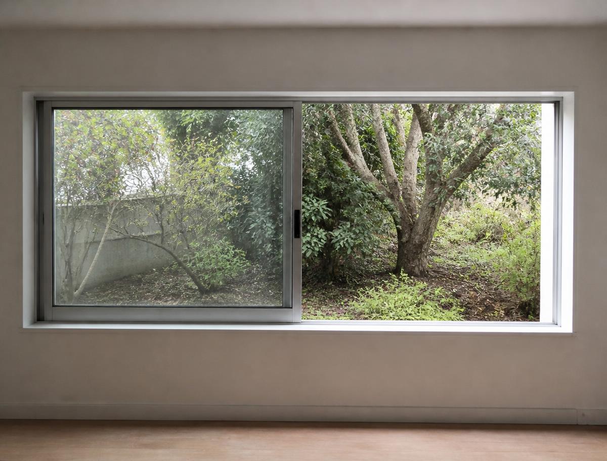 A wide sliding window with one sash open on its track
